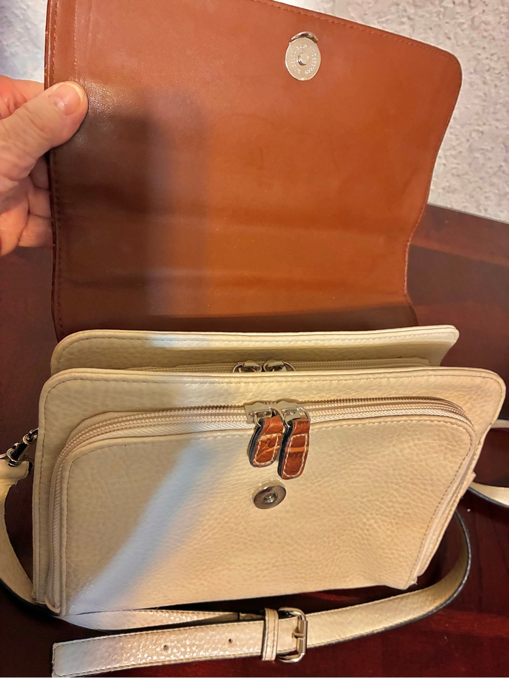 Women's Two-Tone Croc-Texture Top-Handle Crossbody Bag - Brown & Cream - Picture 8 of 10